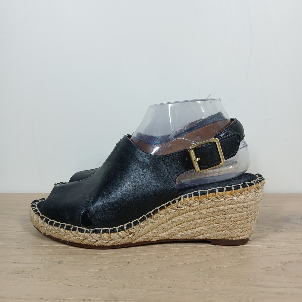 Clarks Artisan Wedge Sandals Womens 7 Black Leather Espadrille Slingback Comfort